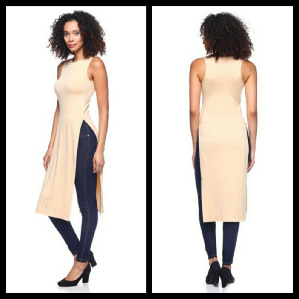 Tan High Slit Tank Dress Top